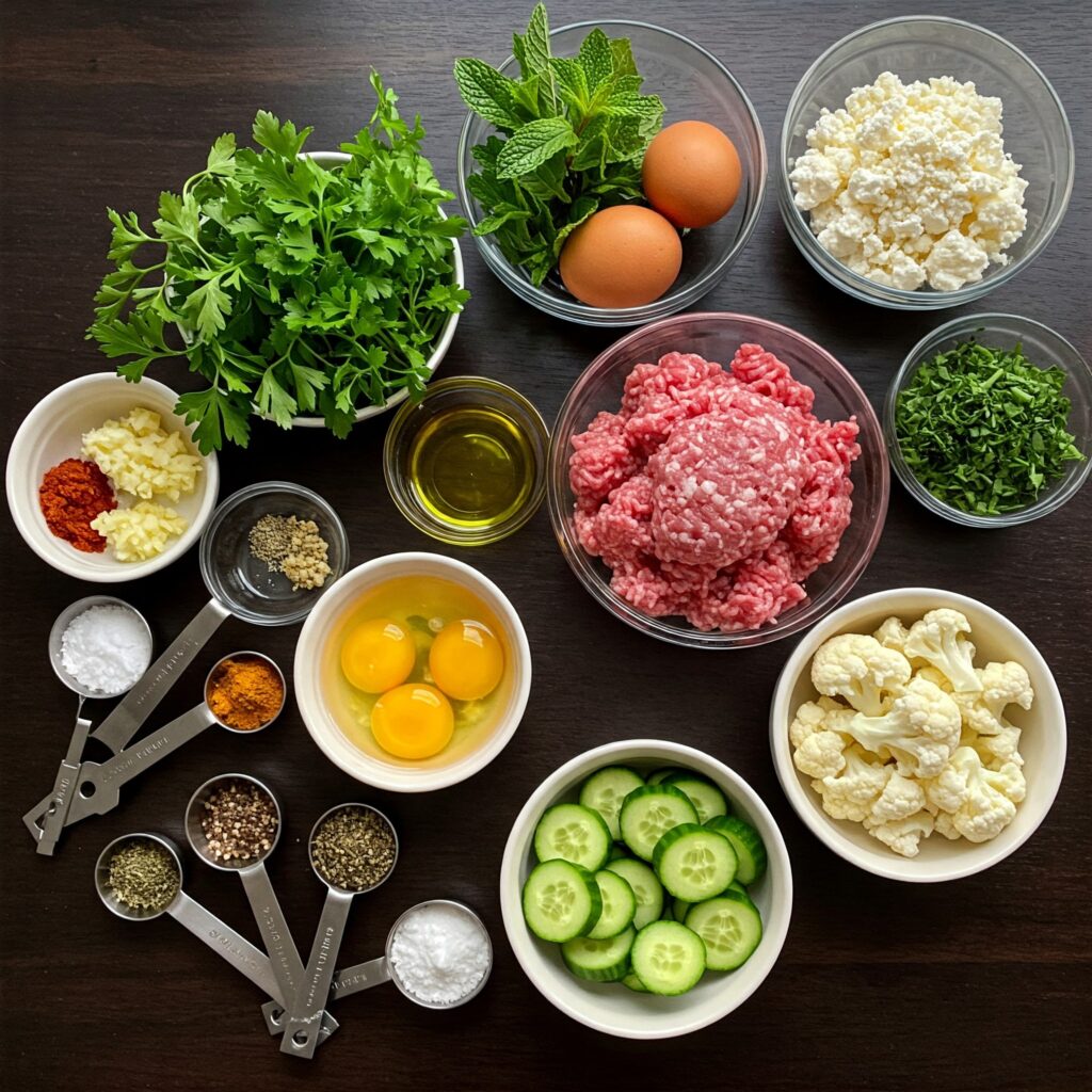 Raw ingredients for Greek lamb meatballs