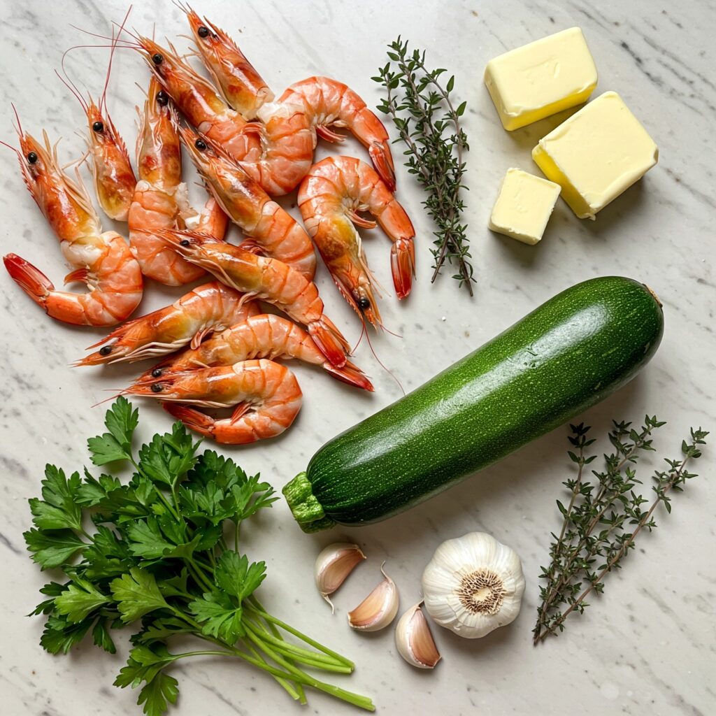 Raw ingredients for paleo prawn zucchini noodle recipe including fresh seafood and vegetables