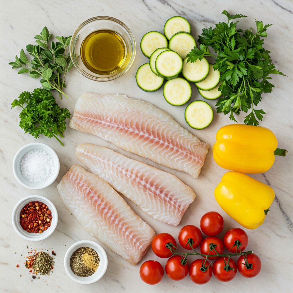 Raw ingredients for Mediterranean cod skillet arranged neatly, including fresh fish, colorful vegetables, and herbs