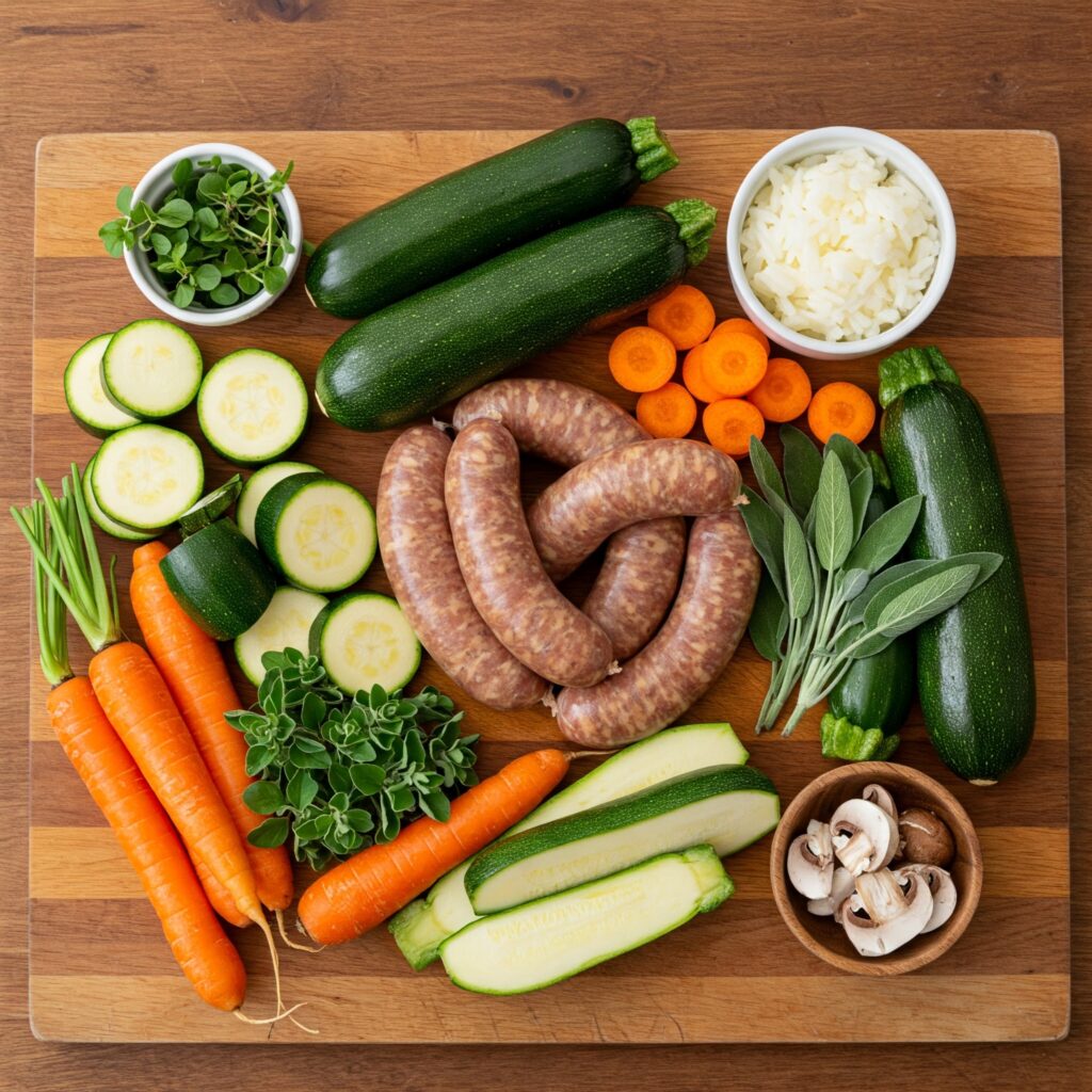 Raw ingredients for paleo sausage bake including sweet potatoes, parsnips, sausages, and fresh herbs