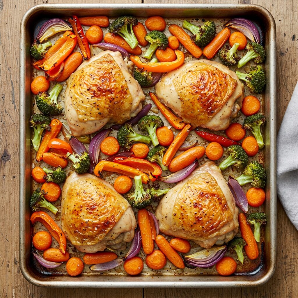 Paleo sheet pan chicken with colorful roasted vegetables, golden brown chicken breasts surrounded by caramelized sweet potatoes, carrots, and Brussels sprouts