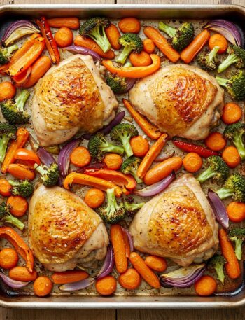 Paleo sheet pan chicken with colorful roasted vegetables, golden brown chicken breasts surrounded by caramelized sweet potatoes, carrots, and Brussels sprouts