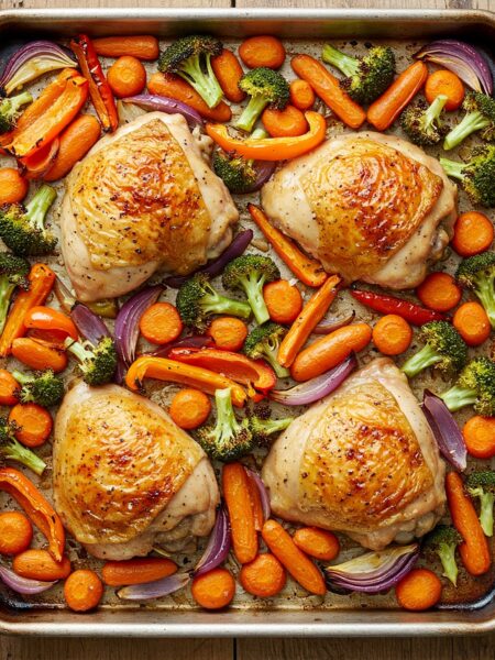 Paleo sheet pan chicken with colorful roasted vegetables, golden brown chicken breasts surrounded by caramelized sweet potatoes, carrots, and Brussels sprouts