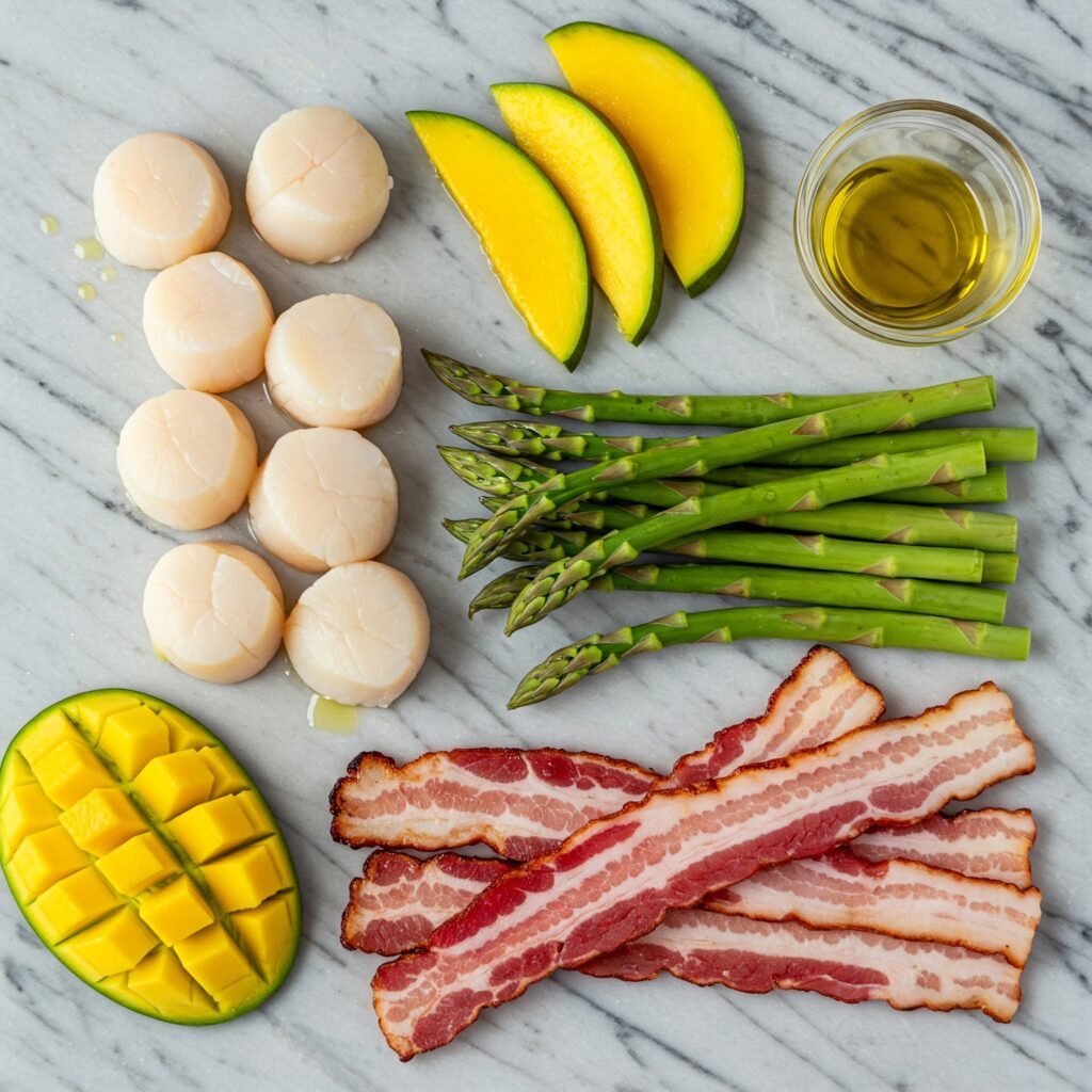 Raw ingredients for paleo seafood recipe neatly organized