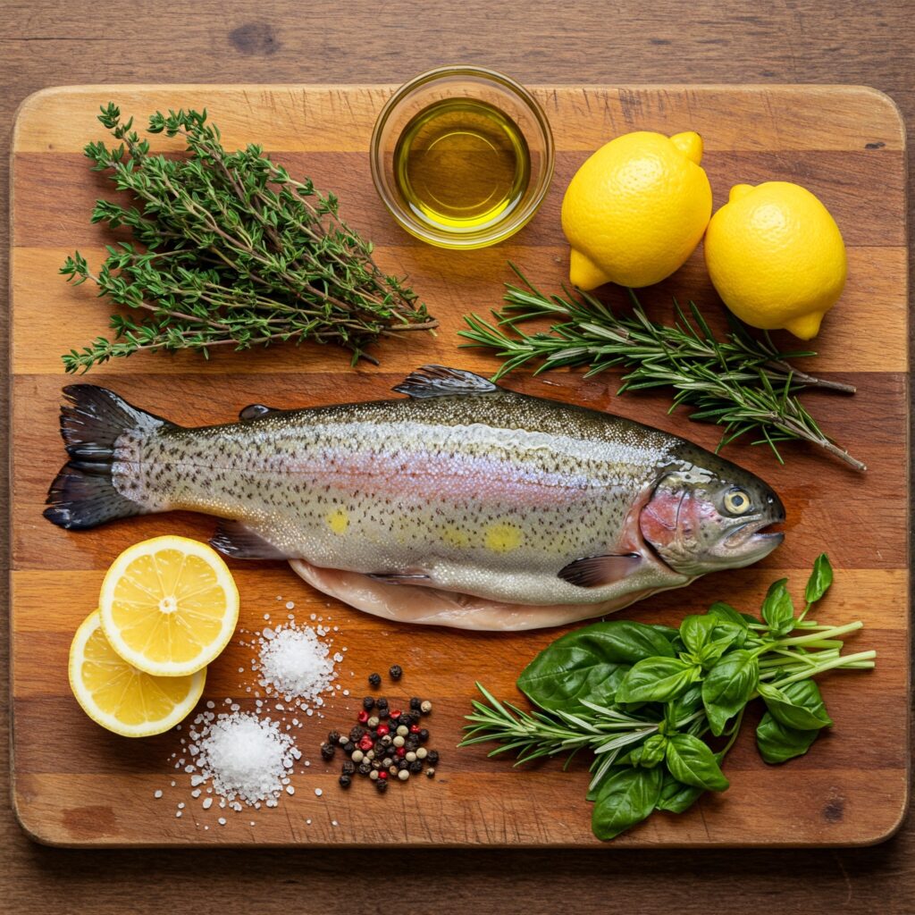 Raw ingredients for paleo trout recipe arranged neatly on wooden surface