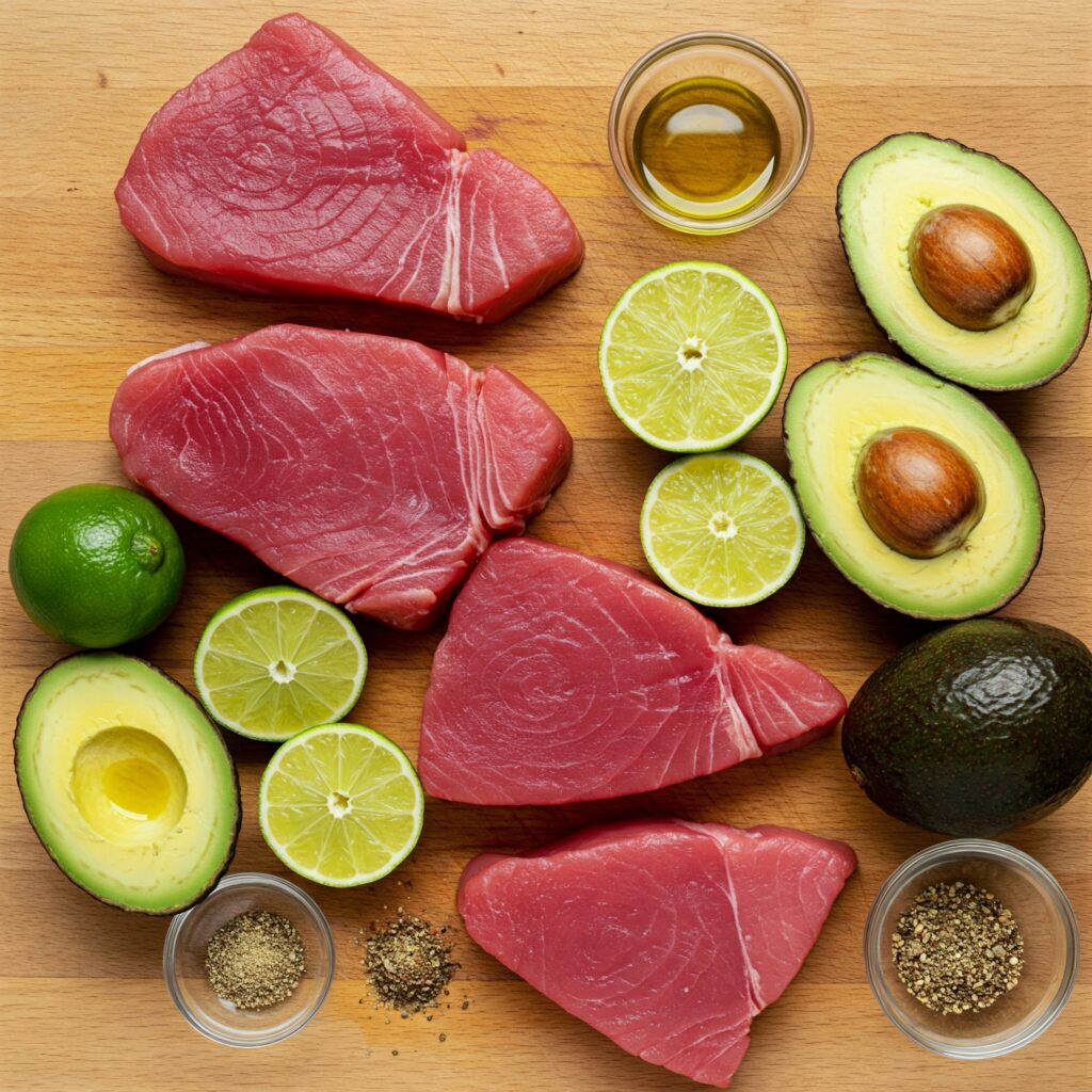 Raw ingredients for spicy tuna steak recipe arranged on wooden board