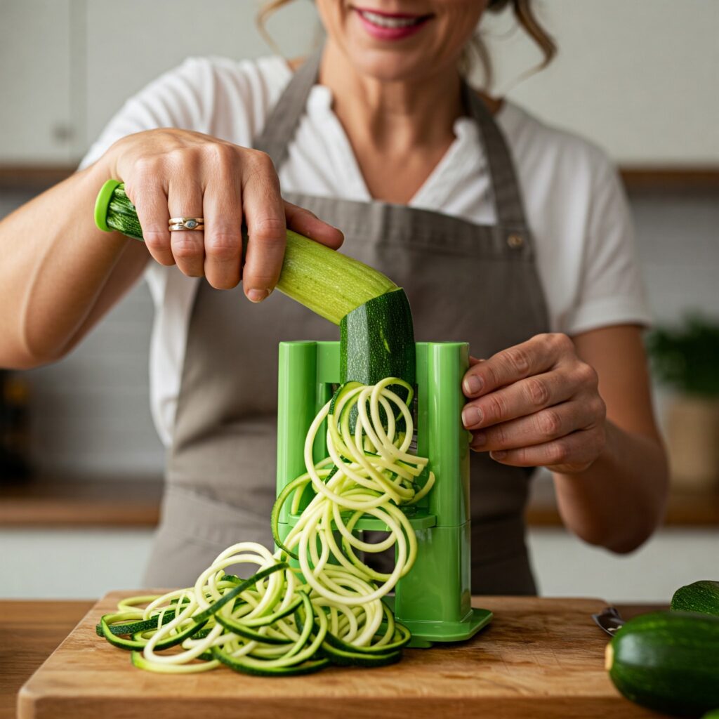Cooking stages of paleo prawn dish - spiralizing zucchini and sautéing seafood in skillet