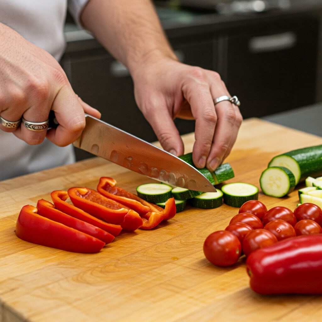 Cooking process of Mediterranean cod skillet, showing vegetable preparation, fish seasoning, and skillet cooking stages