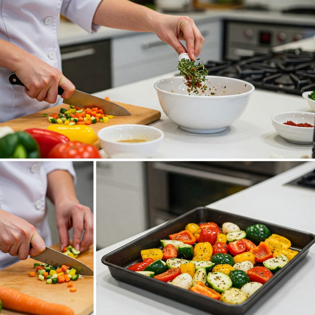 Hands preparing root vegetables and seasoning for paleo sausage bake in a professional kitchen setting