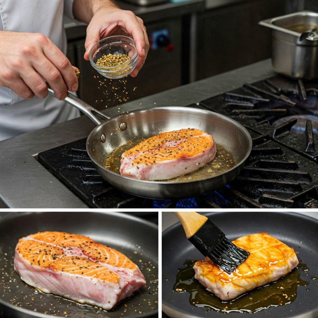Cooking stages of ginger-lime swordfish