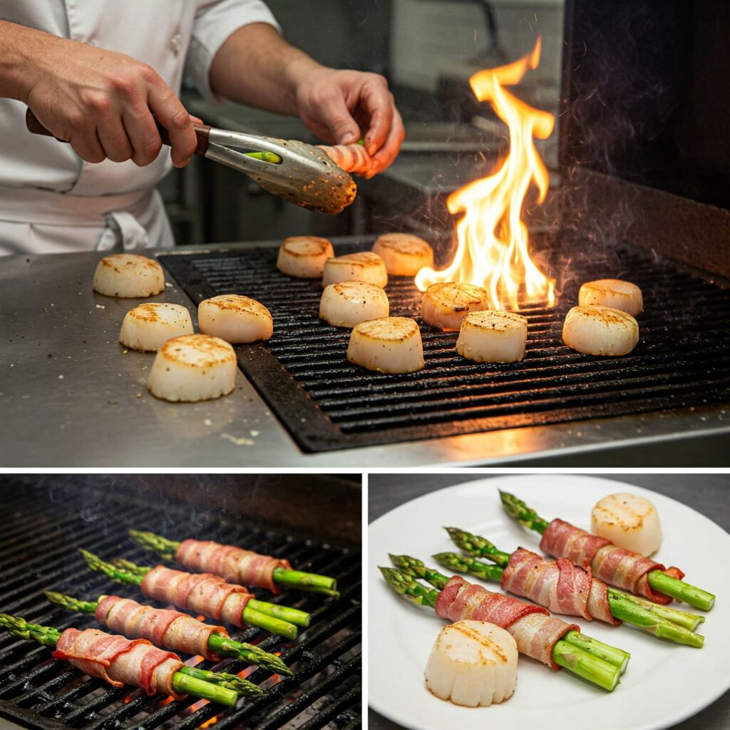 Paleo recipe cooking technique with scallops and asparagus on grill