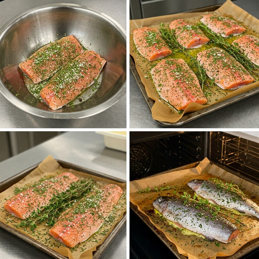 Sequential images demonstrating trout recipe preparation stages