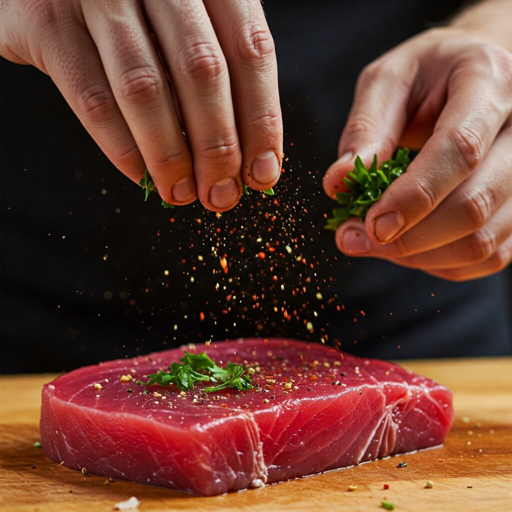 Cooking process of seasoning and searing tuna steak on cutting board