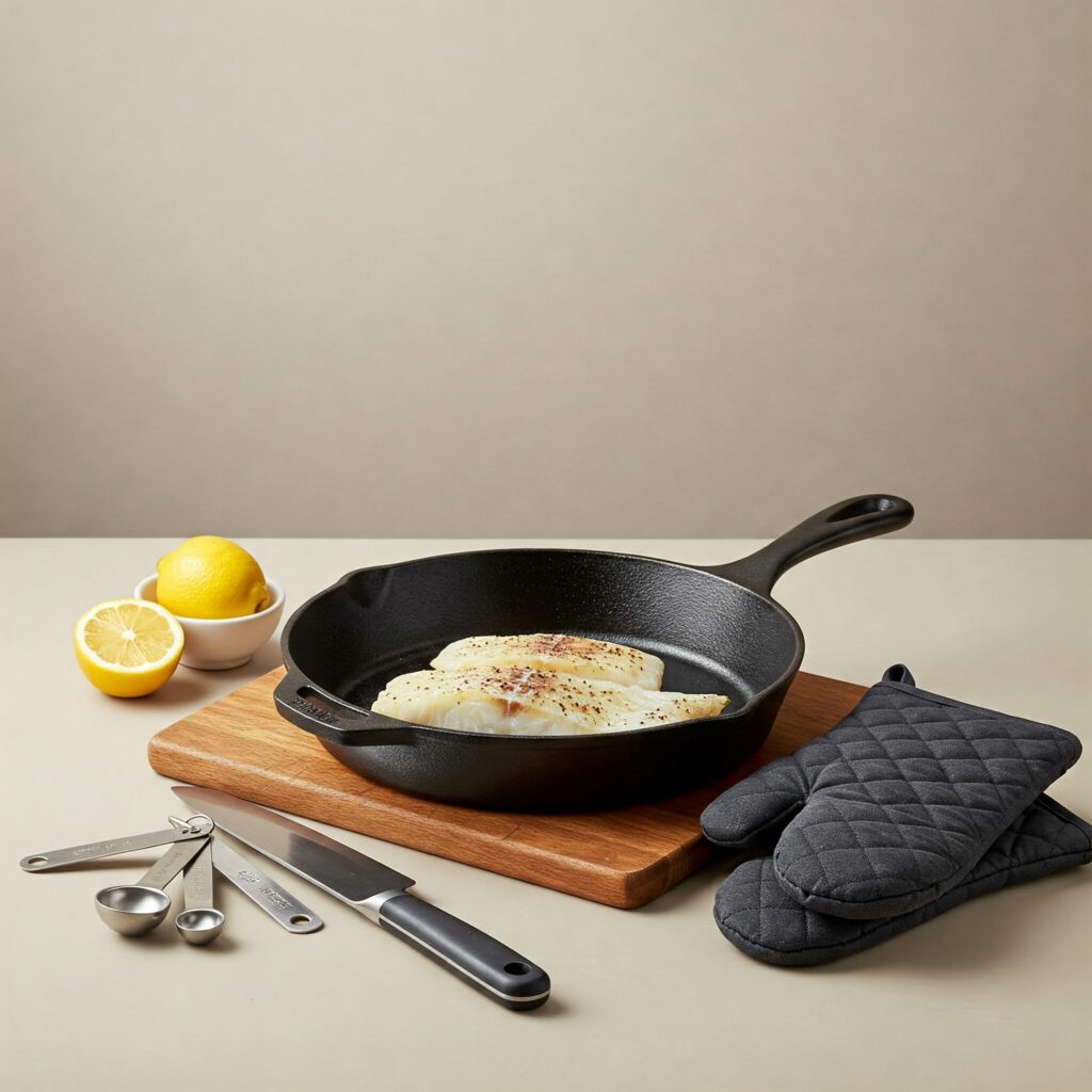 Essential kitchen tools and equipment for preparing Mediterranean cod skillet, neatly arranged on a kitchen counter