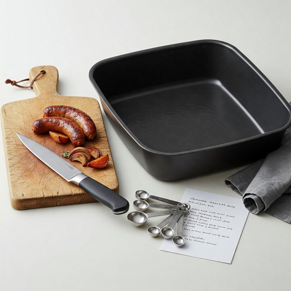 Cooking equipment for paleo sausage bake including roasting pan, wooden cutting board, and chef's knife