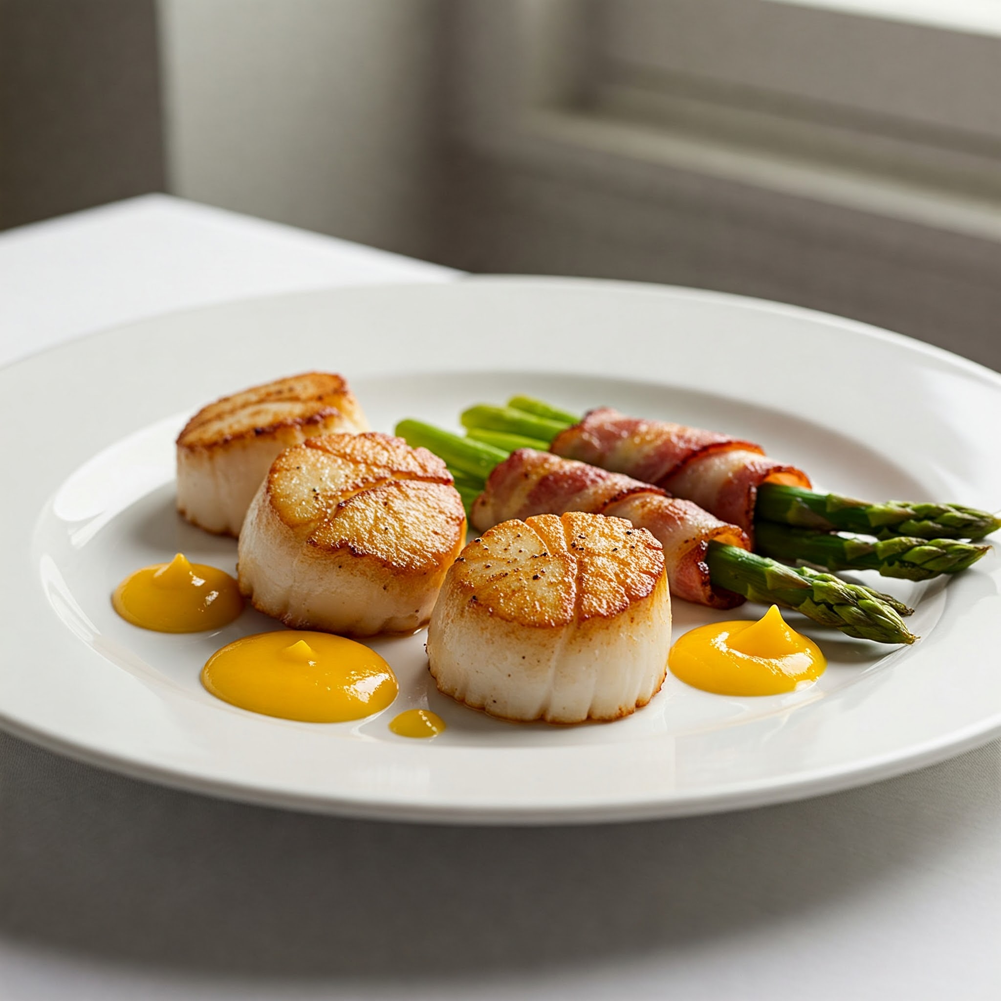 Grilled Scallops with Bacon-Wrapped Asparagus - DineDishDigest