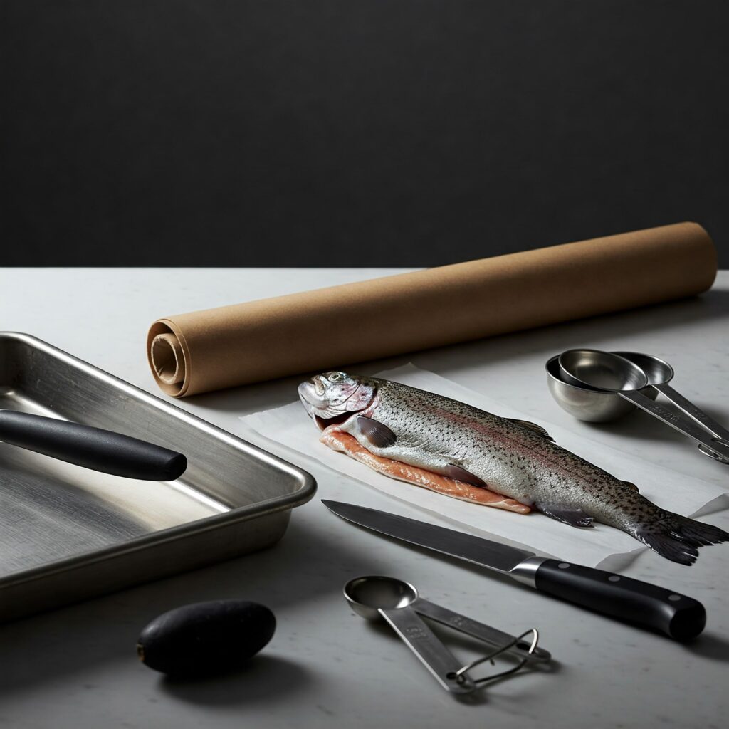 "Essential cooking tools and equipment for preparing herb-baked trout