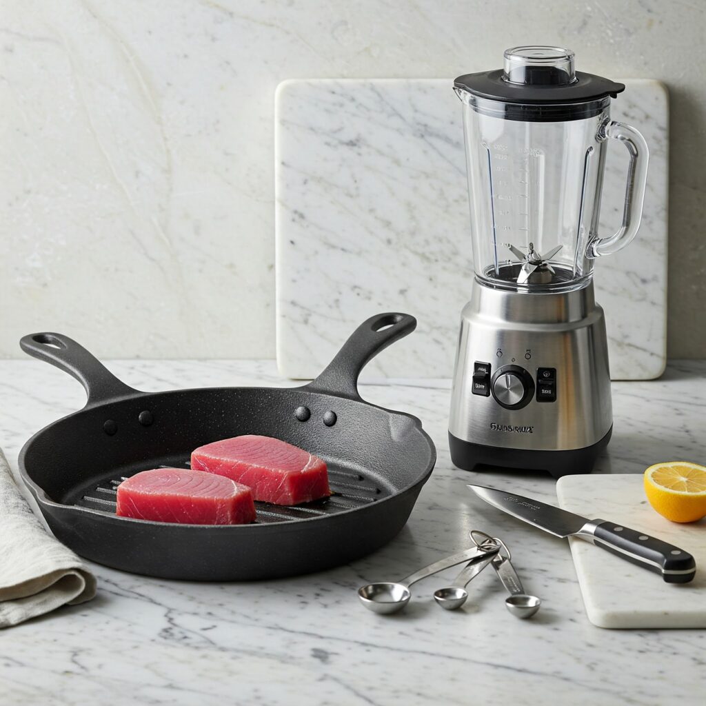 Professional kitchen equipment needed for preparing tuna steak