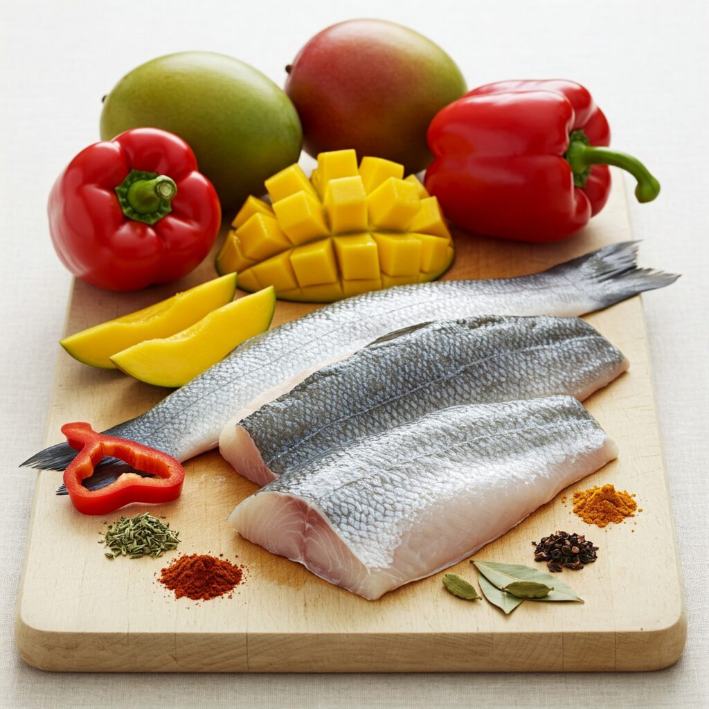 Fresh sea bass and mango ingredients for blackened seafood recipe