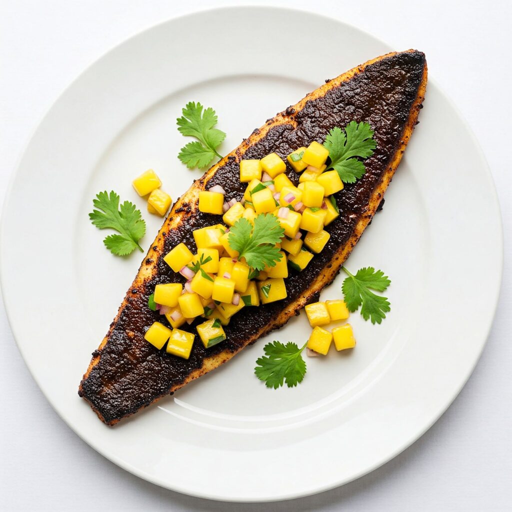 Finished blackened sea bass with colorful mango salsa plating