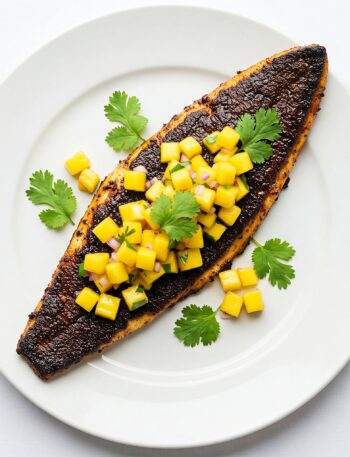 Finished blackened sea bass with colorful mango salsa plating