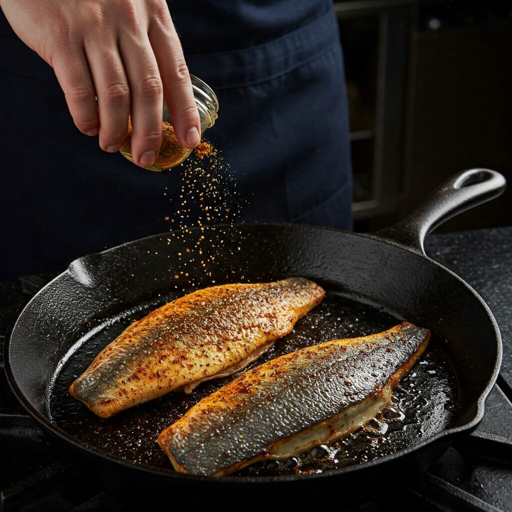 Sea bass being blackened in cast-iron skillet with spice coating