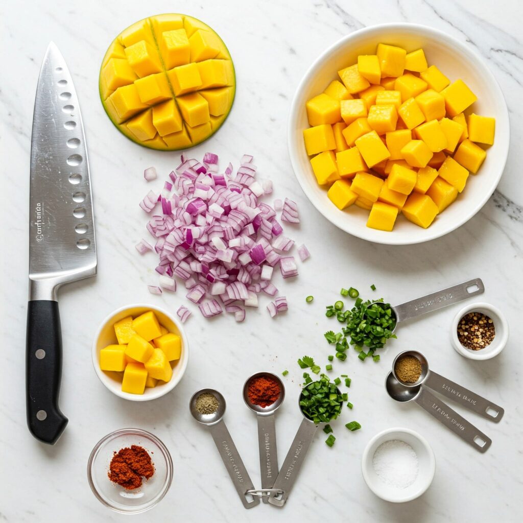 Prepared ingredients for mango salsa and sea bass seasoning