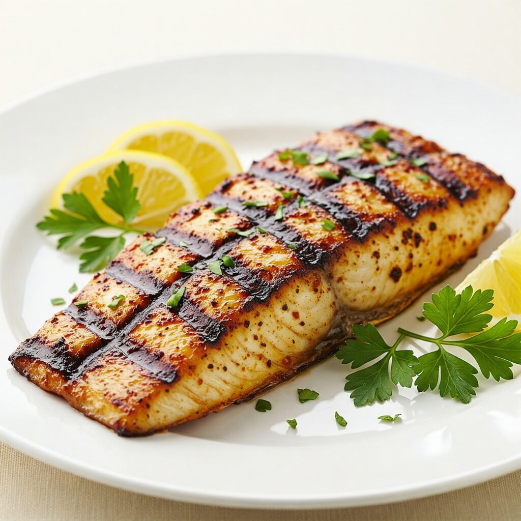 Grilled Cajun-spiced mahi-mahi fillet with visible grill marks, garnished with fresh parsley and lemon wedges on a white plate