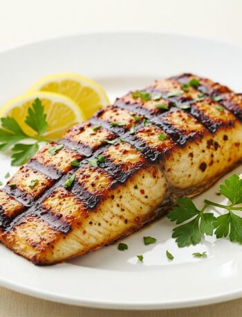 Grilled Cajun-spiced mahi-mahi fillet with visible grill marks, garnished with fresh parsley and lemon wedges on a white plate