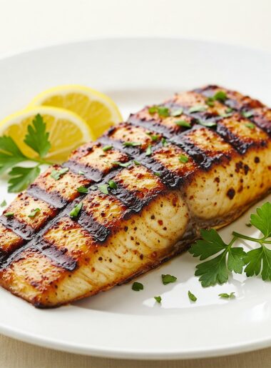 Grilled Cajun-spiced mahi-mahi fillet with visible grill marks, garnished with fresh parsley and lemon wedges on a white plate