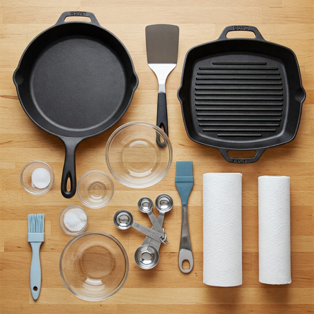 Organized flat lay of cooking equipment including grill pan, spatula, bowls, and measuring tools on wooden surface