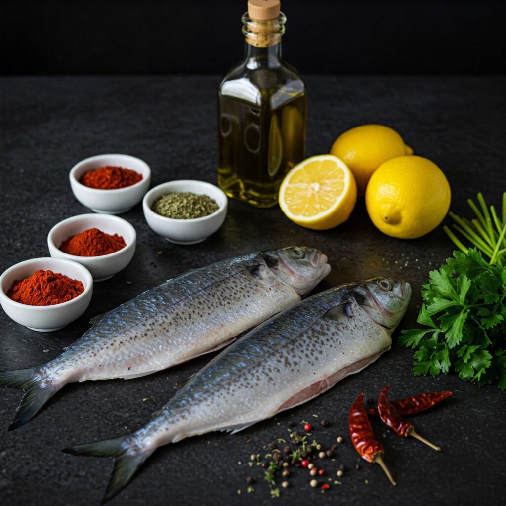 Raw ingredients for Cajun mahi-mahi recipe including fish fillets, spices in bowls, olive oil, and fresh herbs