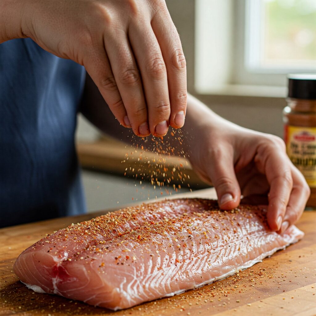 cooking process of Cajun mahi-mahi from seasoning to final doneness test