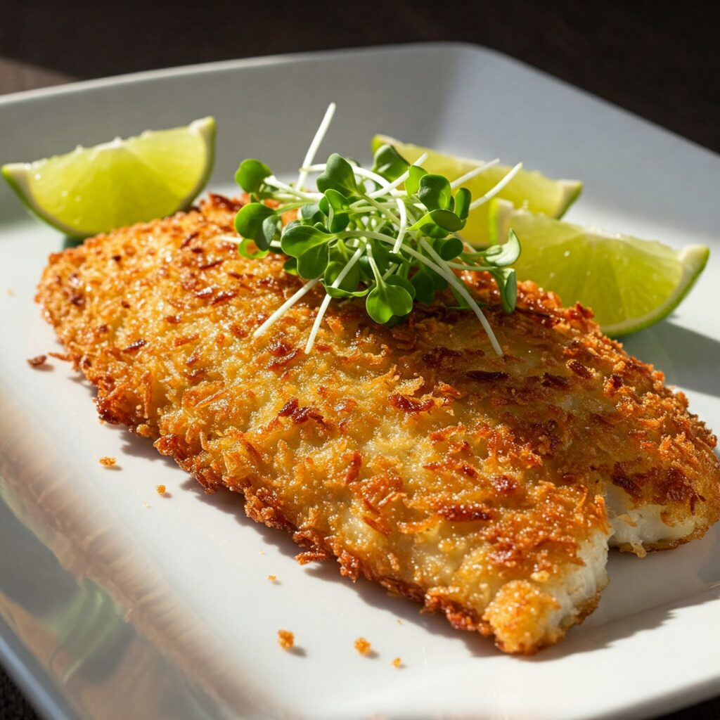 Golden-brown coconut-crusted tilapia fillet on a white plate with lime wedges and microgreens