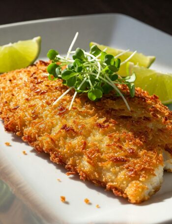 Golden-brown coconut-crusted tilapia fillet on a white plate with lime wedges and microgreens