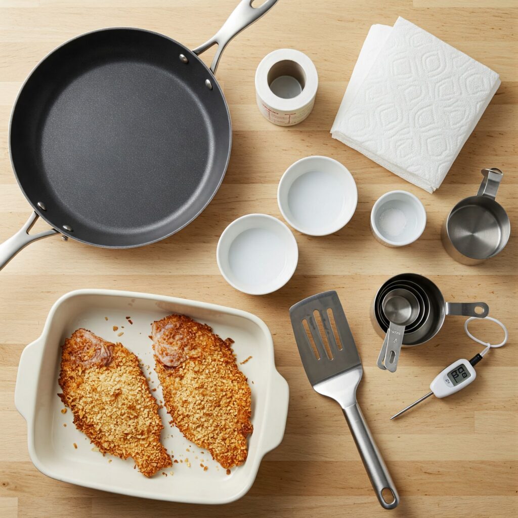 Organized layout of cooking equipment including skillet, breading dishes, and utensils on wooden surface