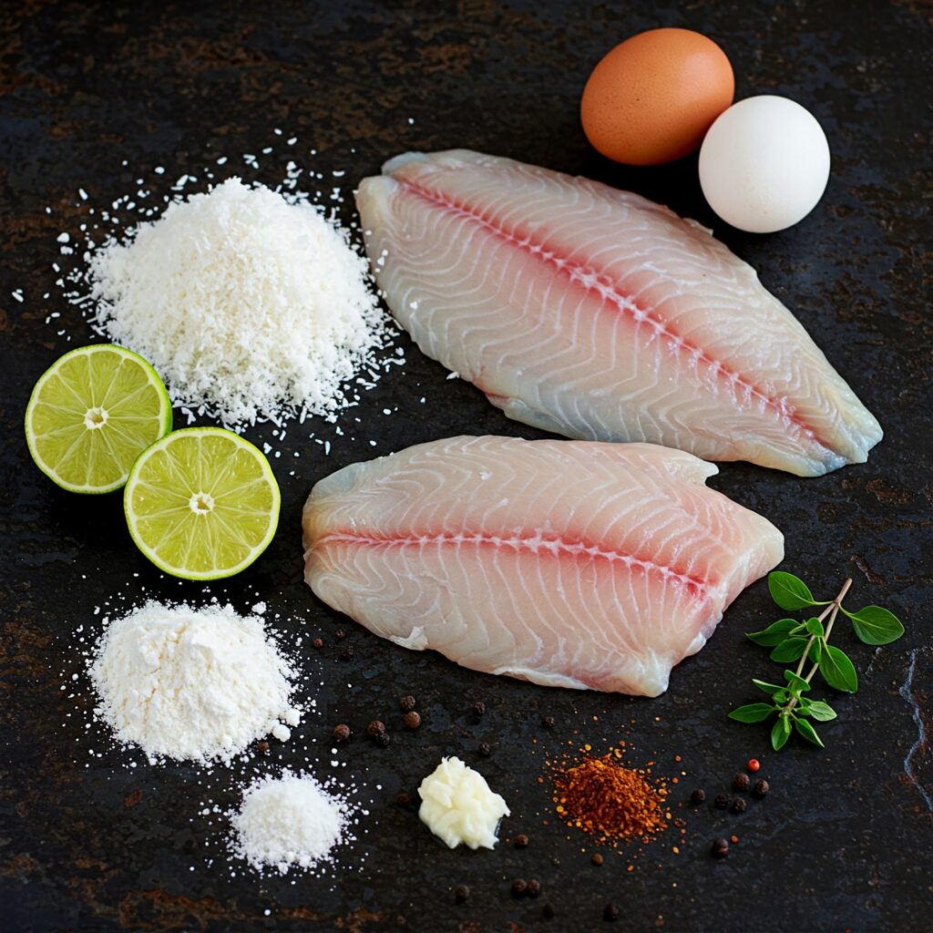 Fresh ingredients for coconut-crusted tilapia arranged on dark stone counter