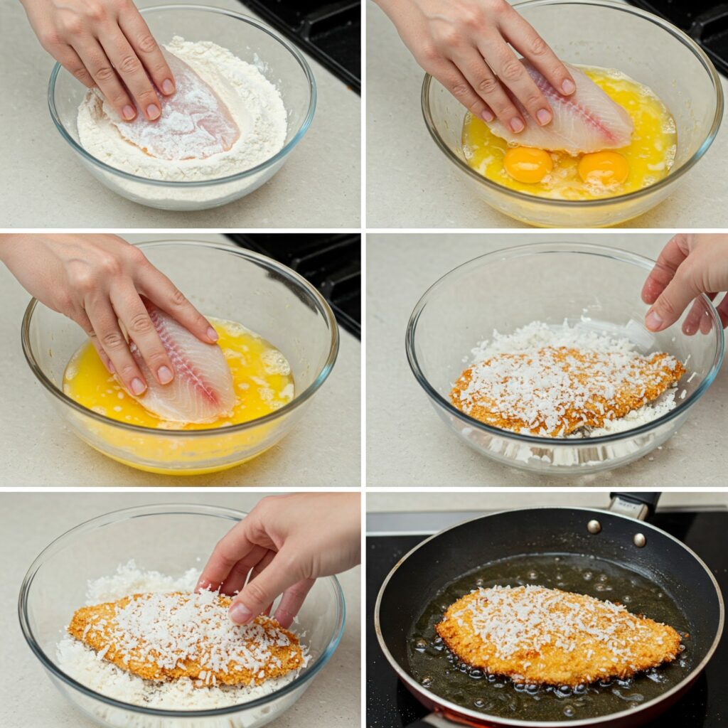 Four-panel collage showing steps of breading and cooking coconut-crusted tilapia