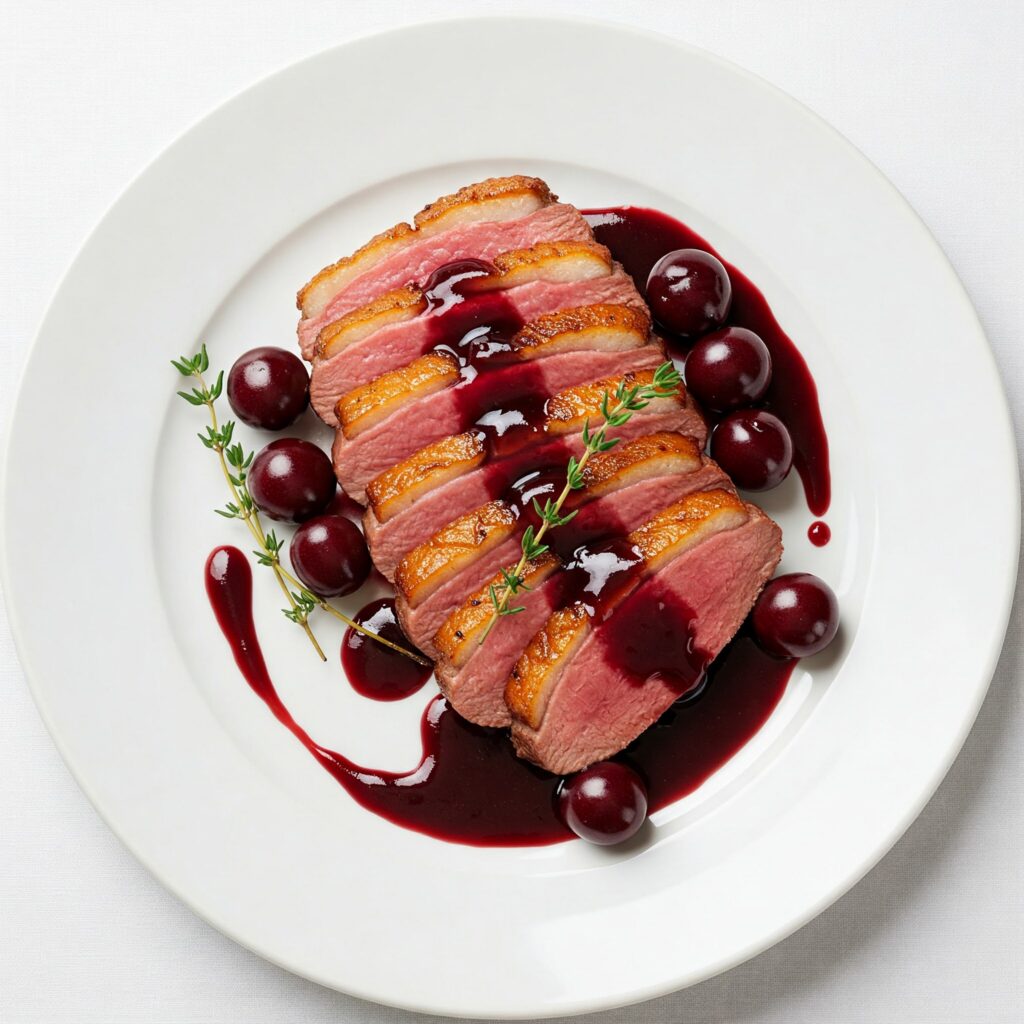 Sliced duck breast with cherry sauce