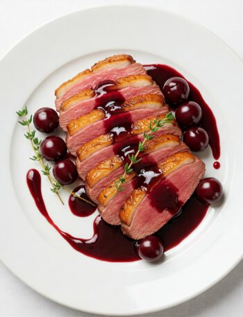 Sliced duck breast with cherry sauce
