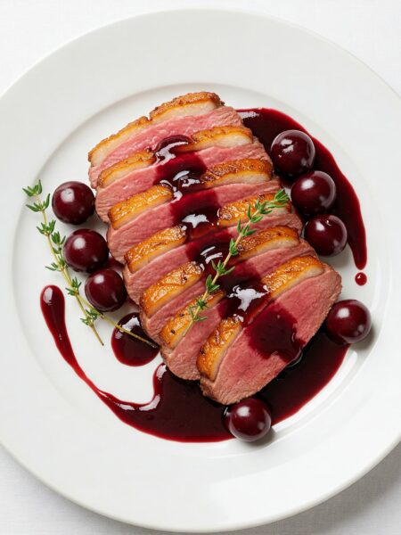 Sliced duck breast with cherry sauce