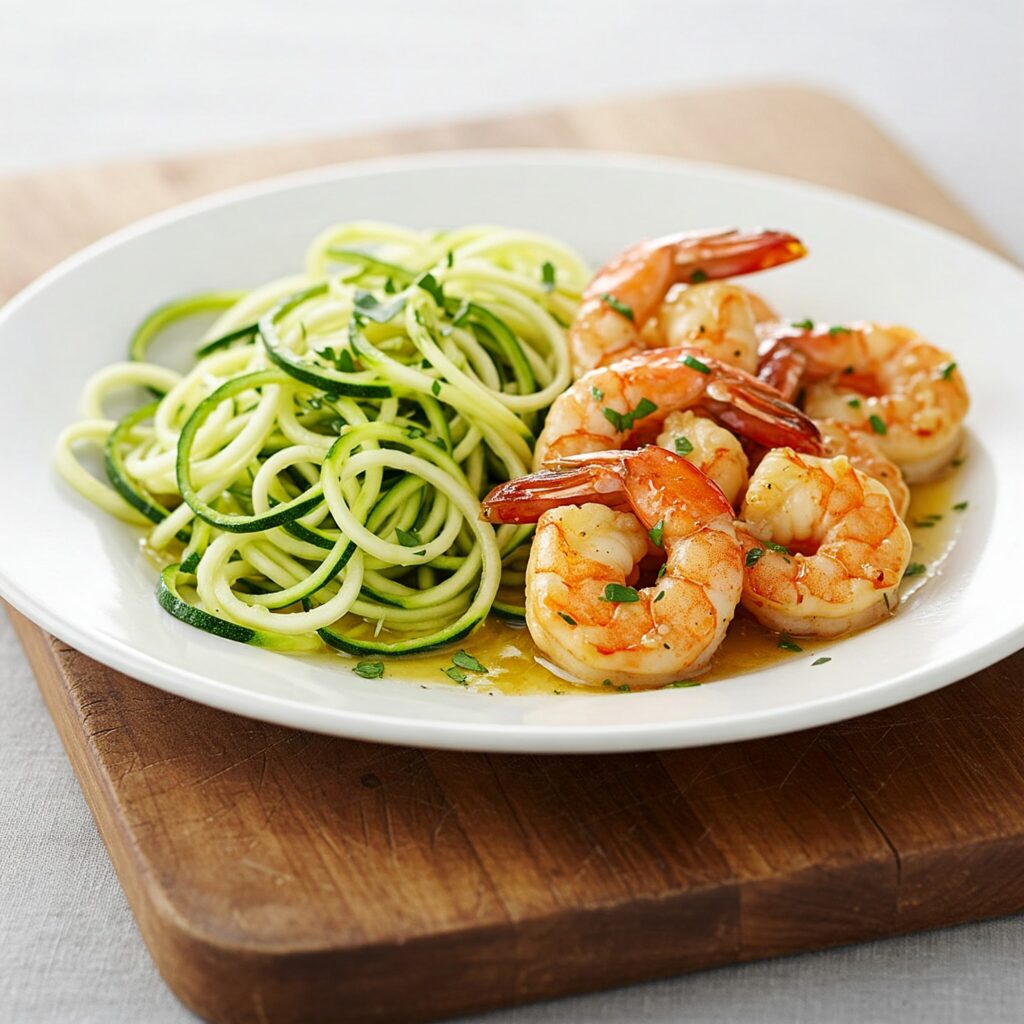 Paleo garlic butter prawns on spiralized zucchini noodles, garnished with fresh parsley