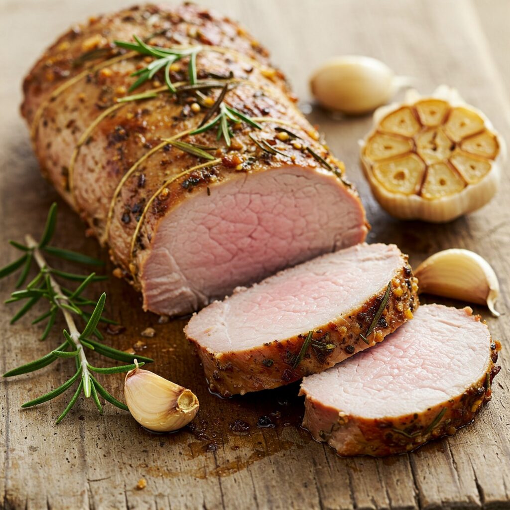 liced garlic-rosemary pork tenderloin on wooden board