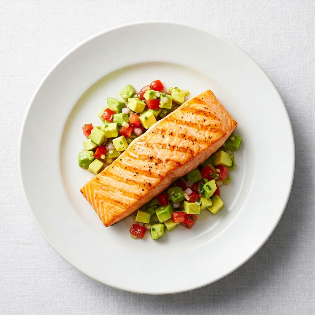 Grilled salmon fillet topped with fresh avocado salsa, garnished with cilantro on white plate