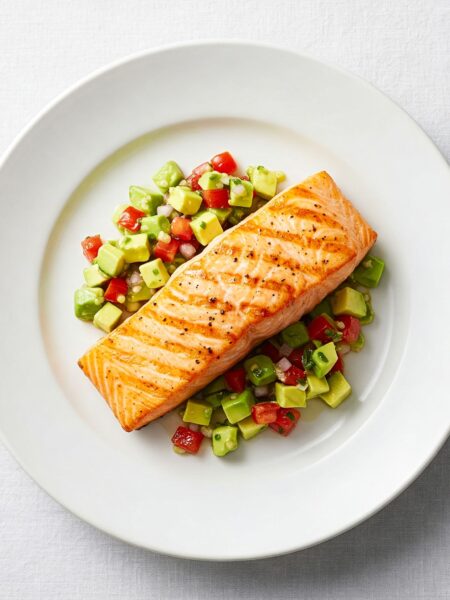 Grilled salmon fillet topped with fresh avocado salsa, garnished with cilantro on white plate