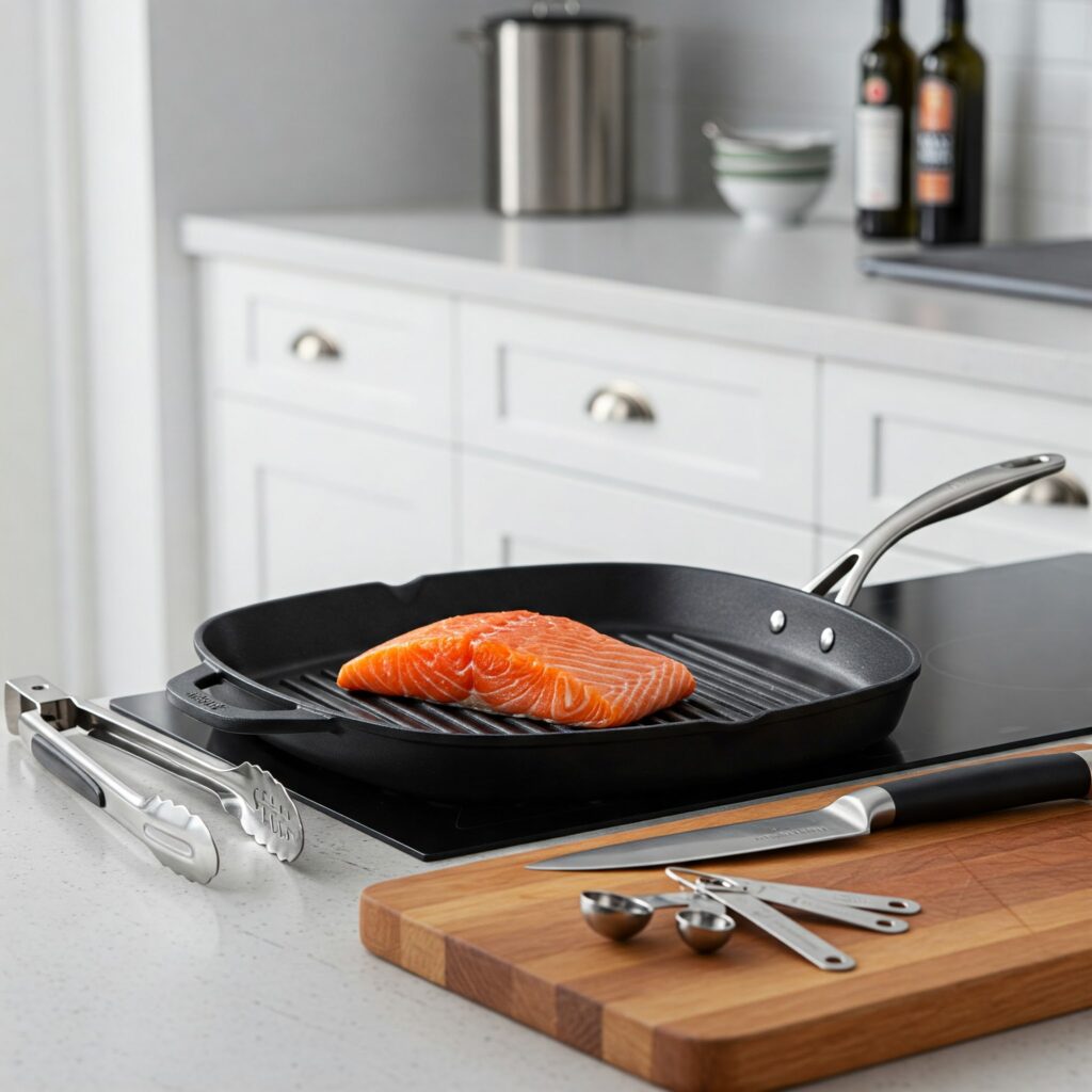 Cooking tools and equipment required for preparing grilled salmon recipe