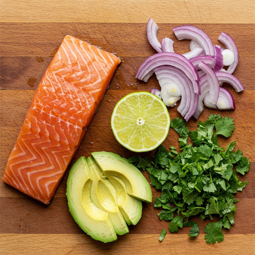 Raw ingredients for salmon and avocado salsa recipe arranged neatly on wooden surface