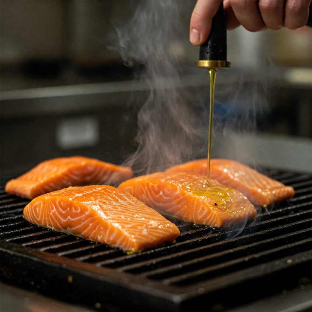 Salmon fillet being grilled on barbecue with olive oil brushing technique