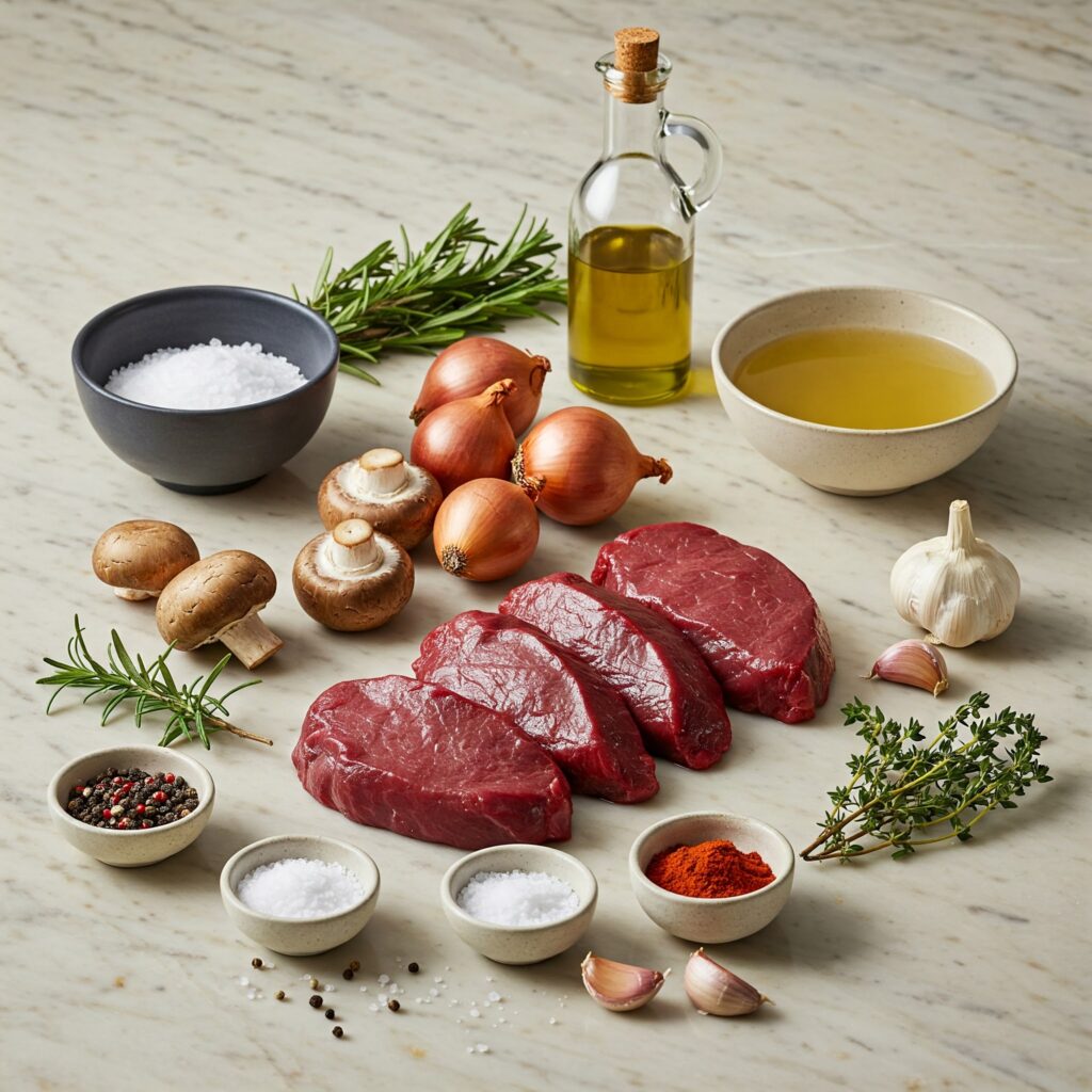 Organized display of raw ingredients for venison steak recipe including meat, mushrooms, herbs, and seasonings