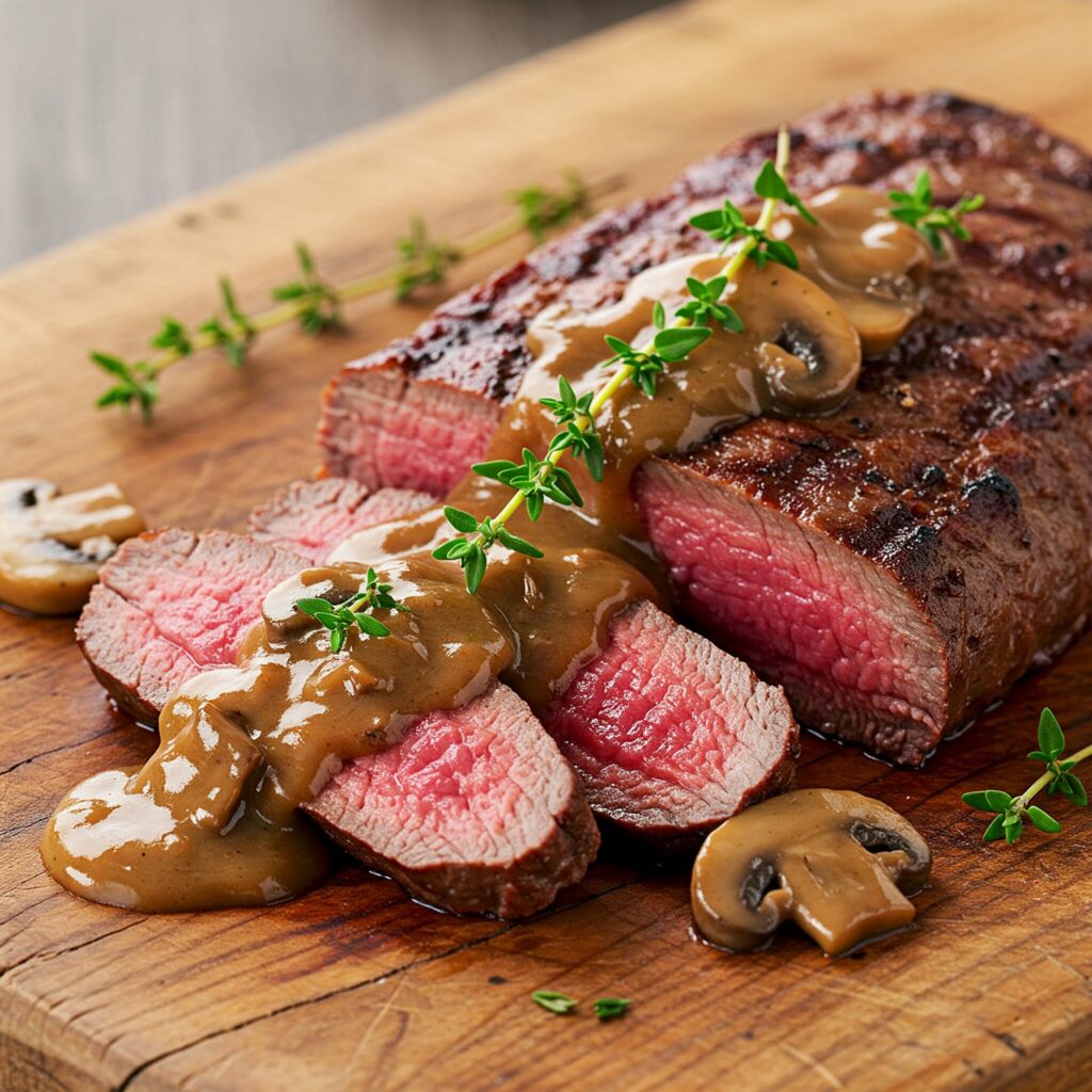 Grilled venison steak sliced to show medium-rare doneness, topped with brown mushroom sauce and fresh thyme on wooden serving board